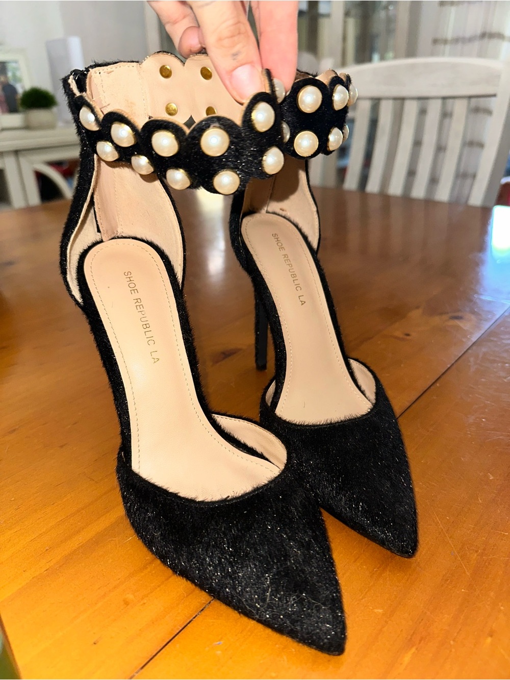 Shoe Republic LA Black Pearl-Trim Pointed-Toe Stiletto Heels